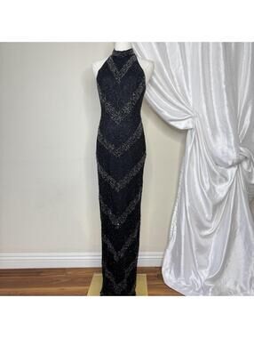 Vintage’s Laurence Kazar Maxi Dress Large Beaded Black Silk Formal Prom Gown 90s